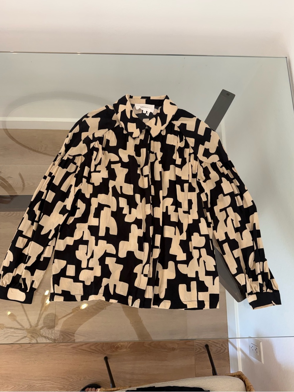 ba&sh Paris Geometric Abstract Print Blouse Drop Shoulder Puff Sleeve S